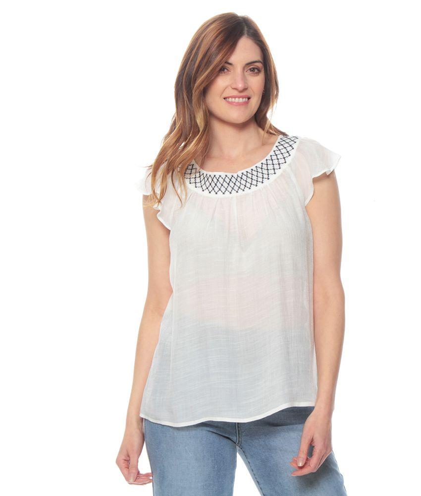 Blusa Manga Corta Volante Solida Escote Redondo Bordado-0