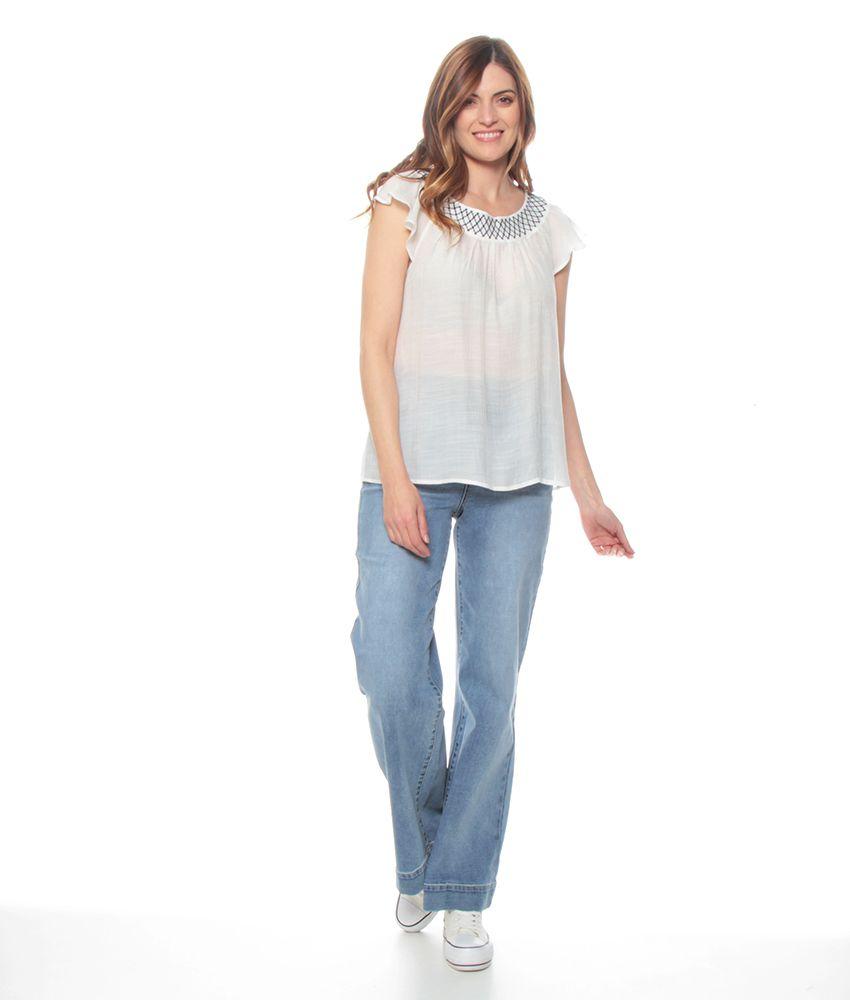 Blusa Manga Corta Volante Solida Escote Redondo Bordado-2