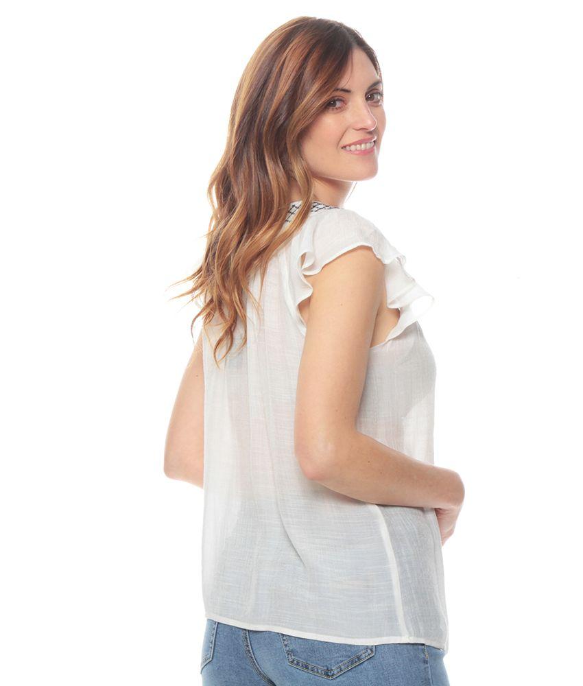 Blusa Manga Corta Volante Solida Escote Redondo Bordado-4