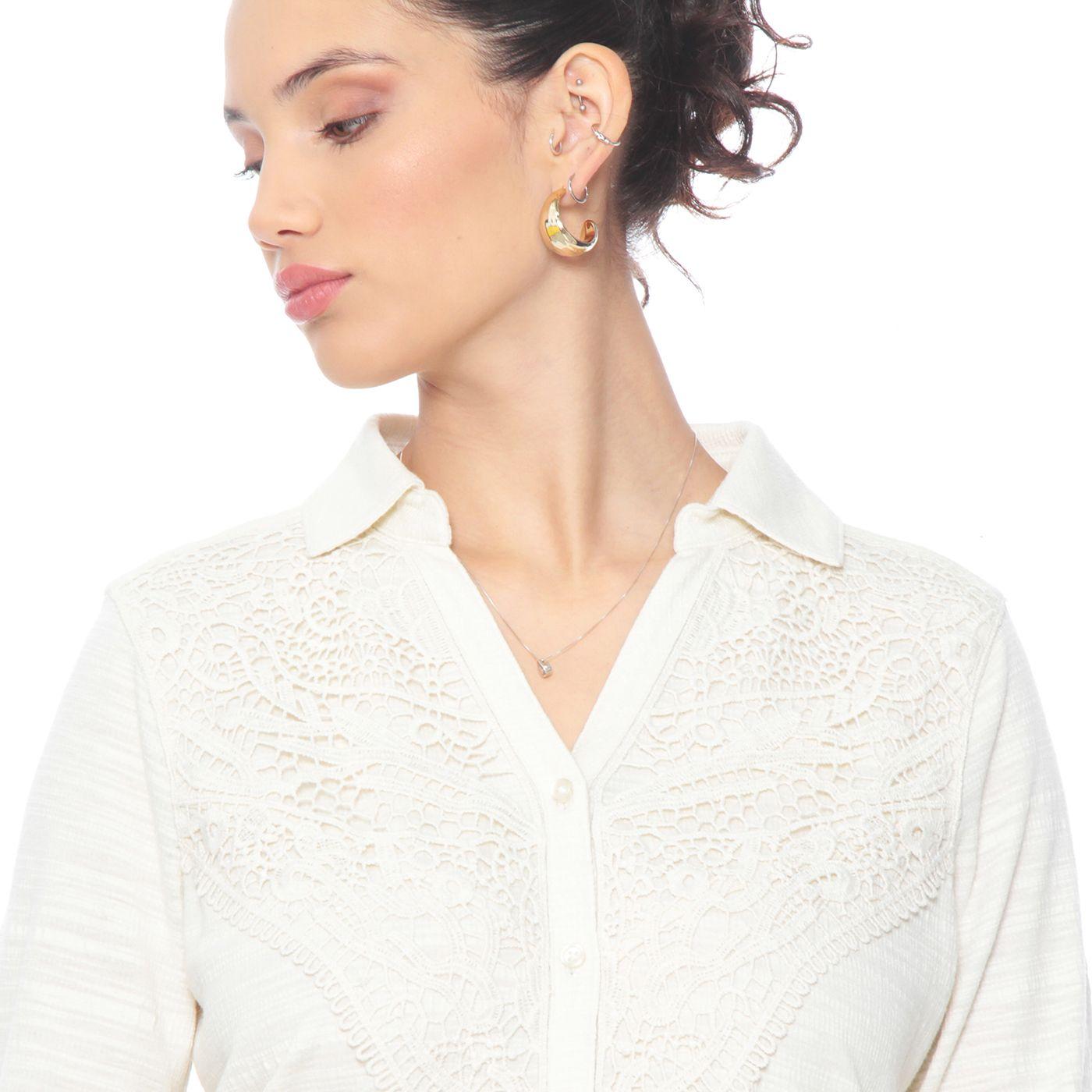 Blusa Manga 3/4 Solida Con Encaje En Delantero Escote V-1