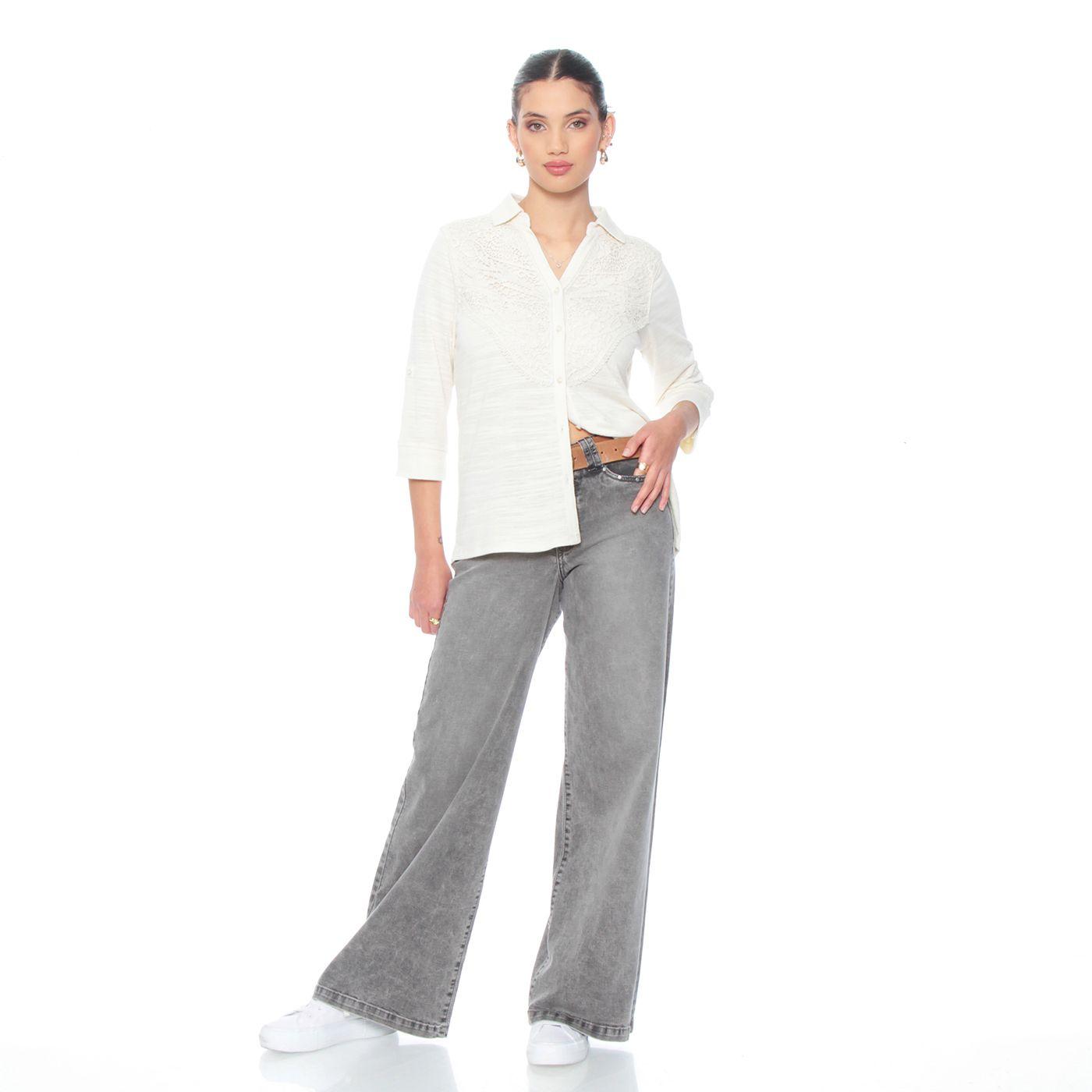 Blusa Manga 3/4 Solida Con Encaje En Delantero Escote V-5