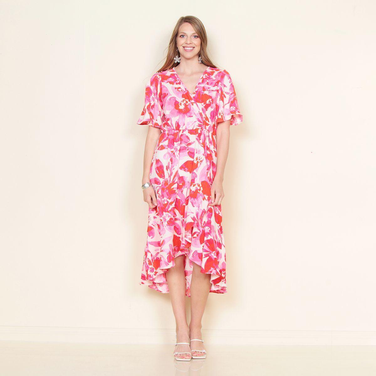 Vestido Cruzado Manga Corta Estampado Escote V-0