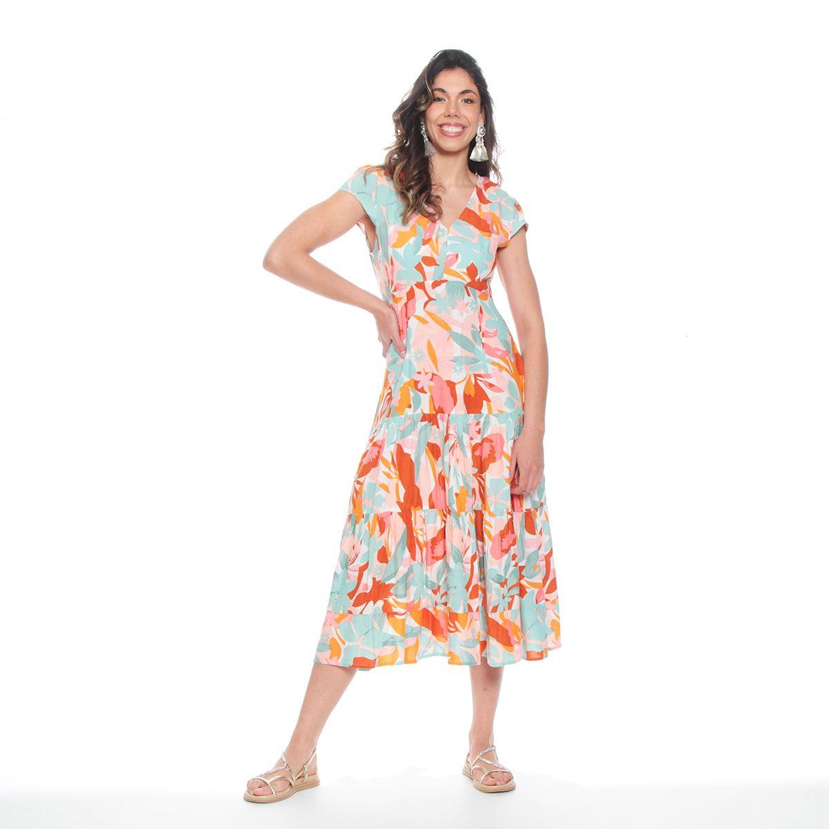 Vestido Largo Estampado Floral Manga Corta Escote V-0