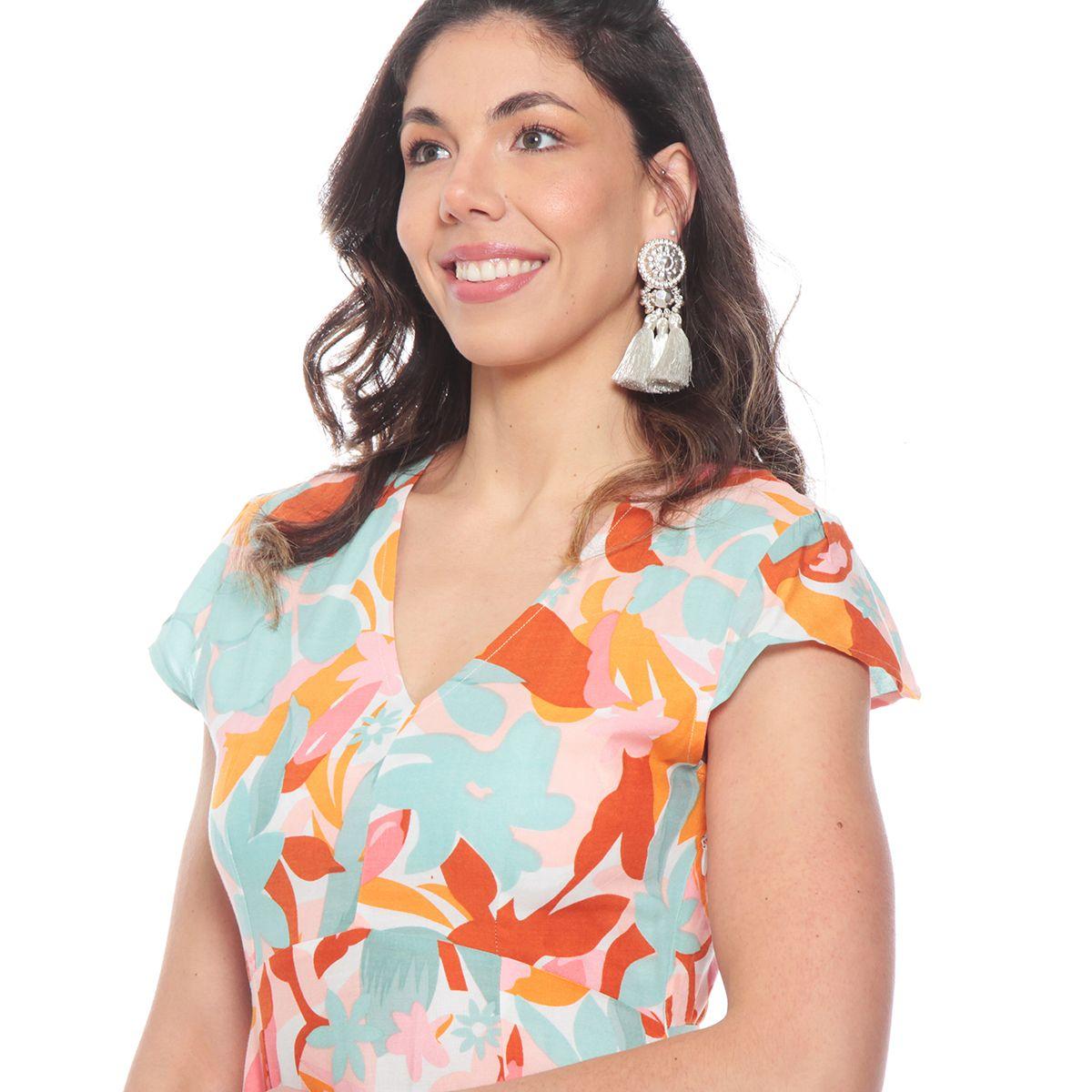 Vestido Largo Estampado Floral Manga Corta Escote V-2