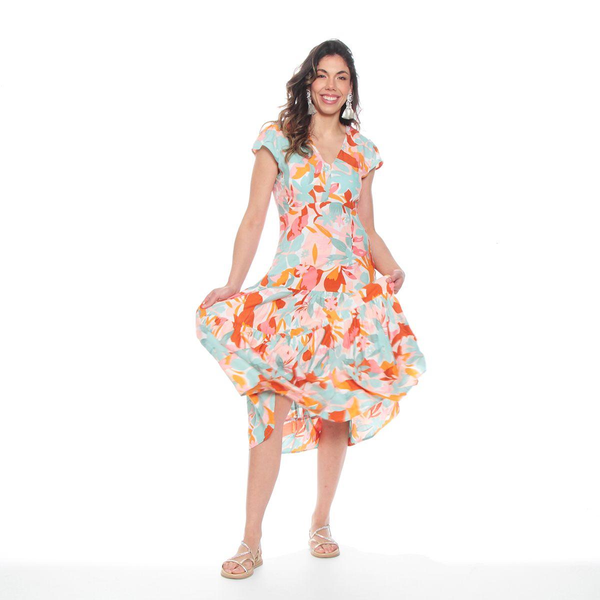 Vestido Largo Estampado Floral Manga Corta Escote V-3