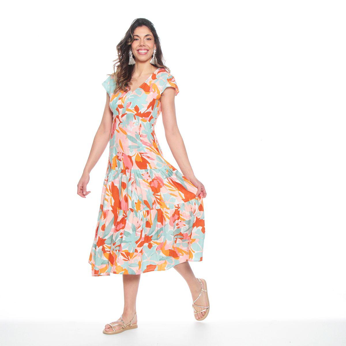 Vestido Largo Estampado Floral Manga Corta Escote V-4