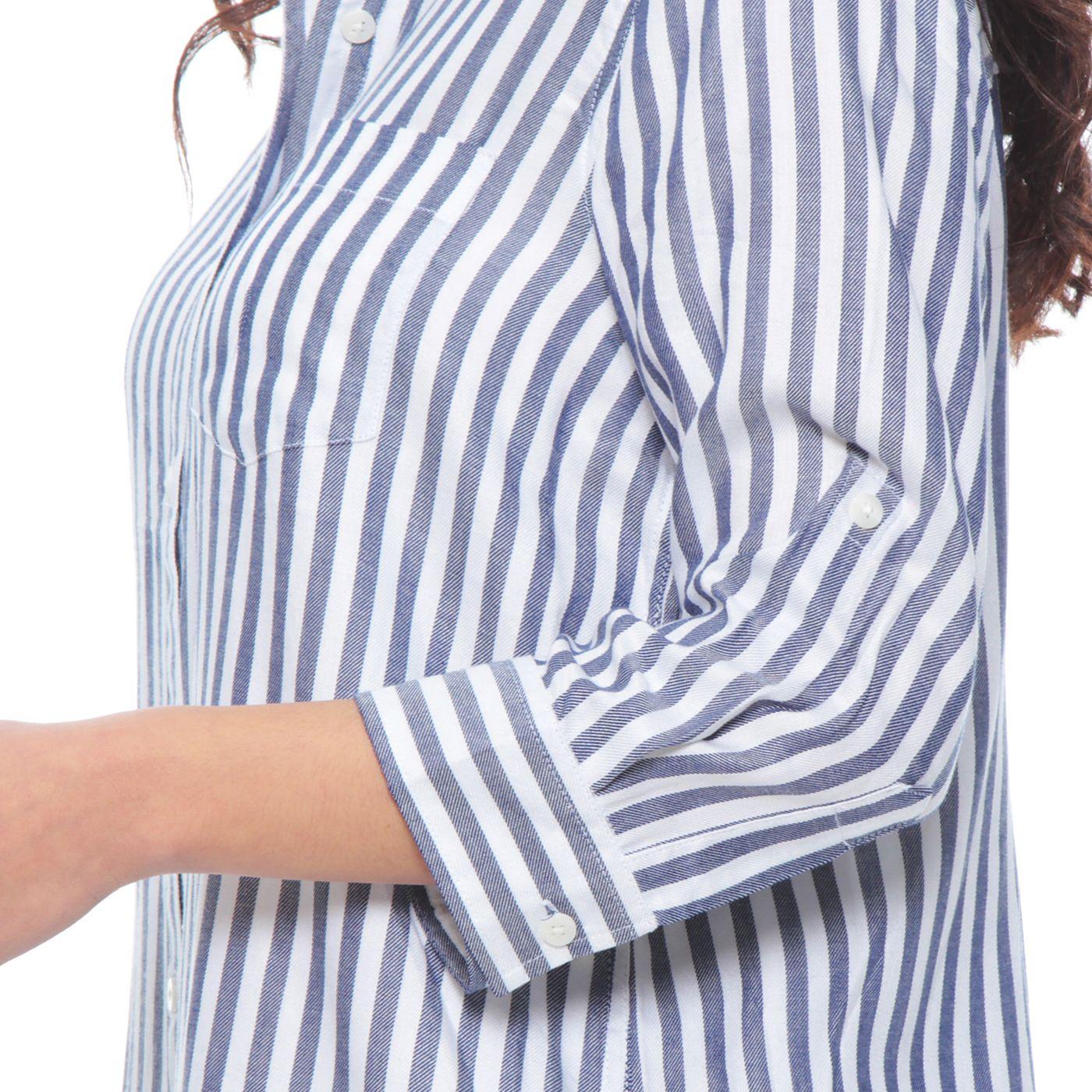 Blusa Manga Larga Listado Abotonada En El Delantero Y Bolsillo-3