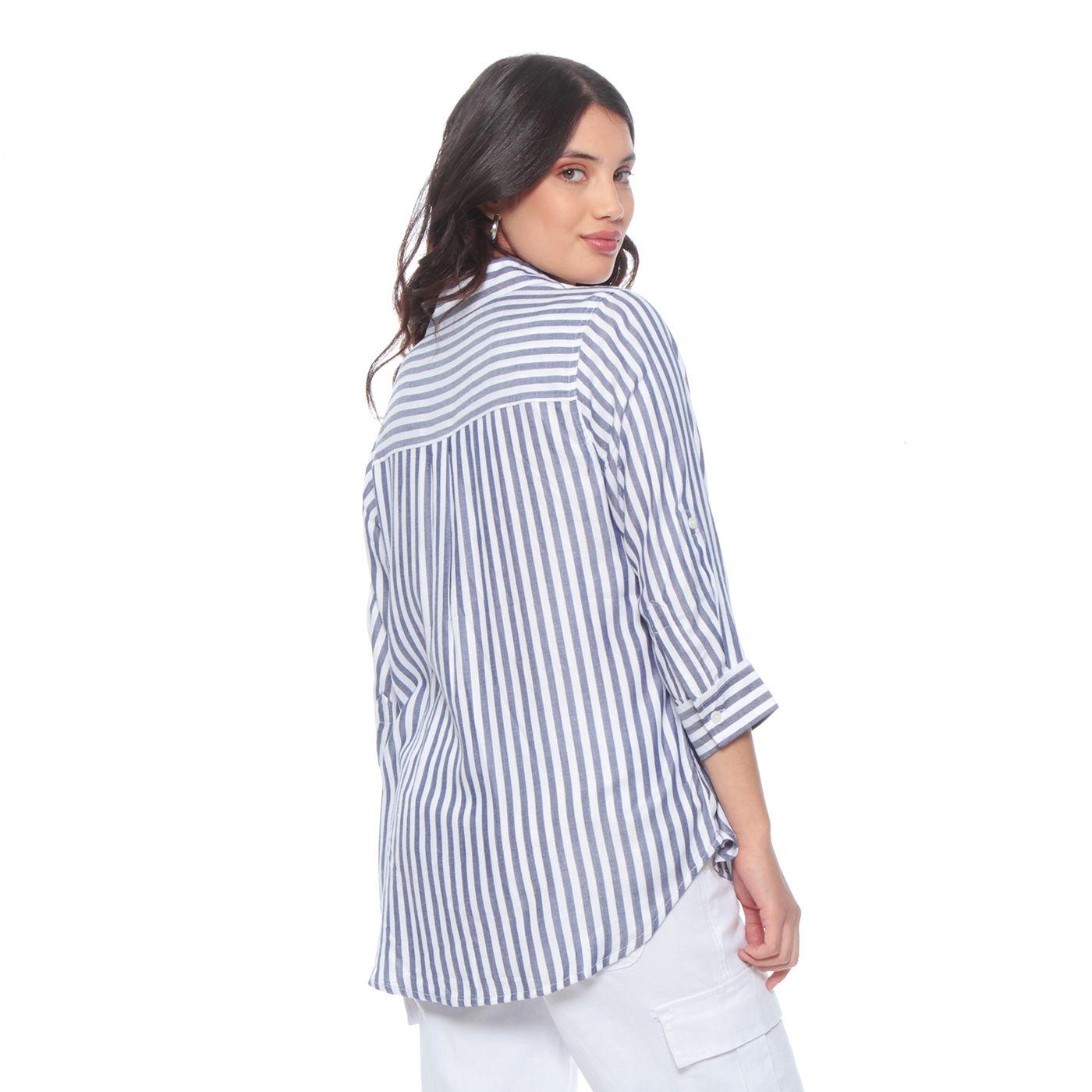 Blusa Manga Larga Listado Abotonada En El Delantero Y Bolsillo-6