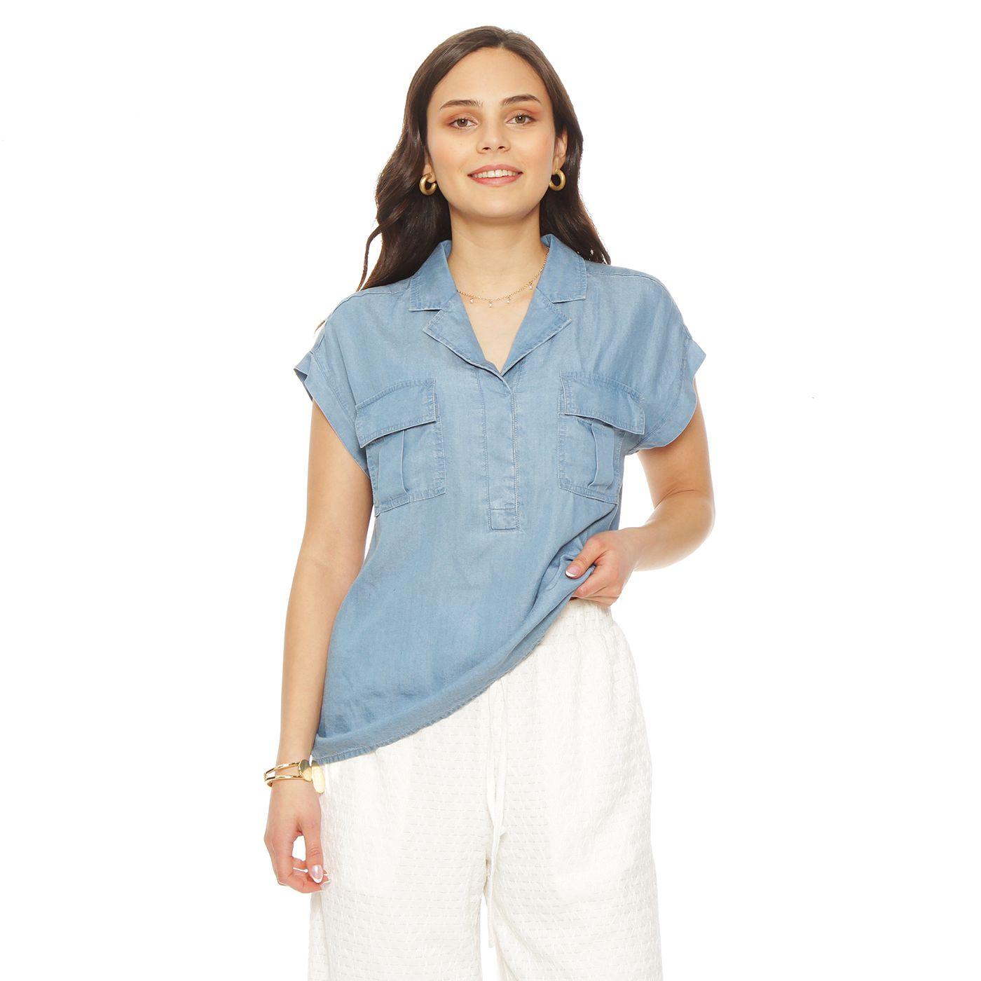 Blusa Manga Corta Bolsillos Parche Cuello Camisero Escote V-2