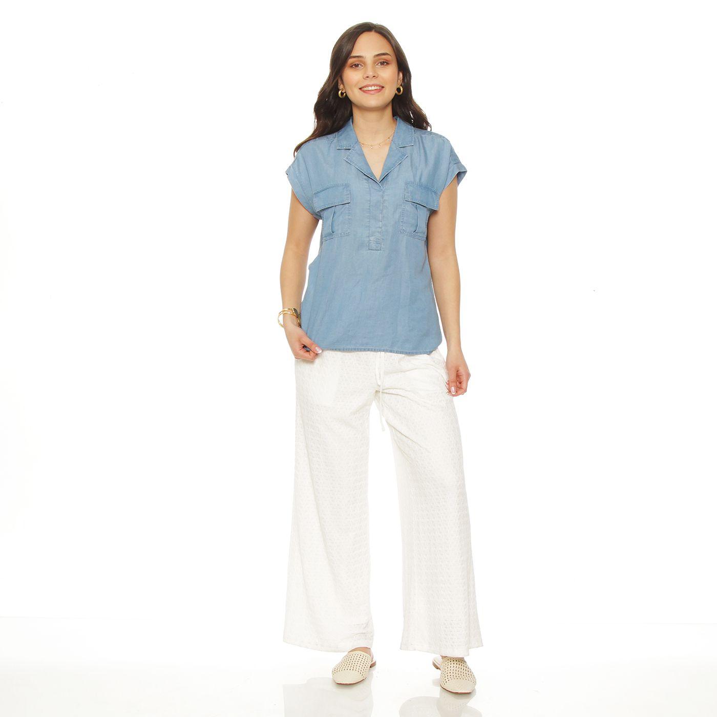 Blusa Manga Corta Bolsillos Parche Cuello Camisero Escote V-3