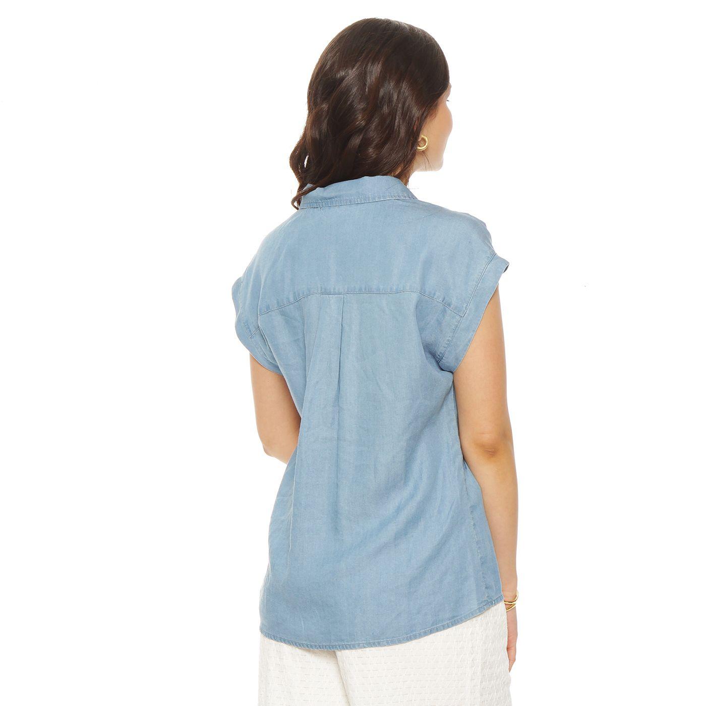 Blusa Manga Corta Bolsillos Parche Cuello Camisero Escote V-5