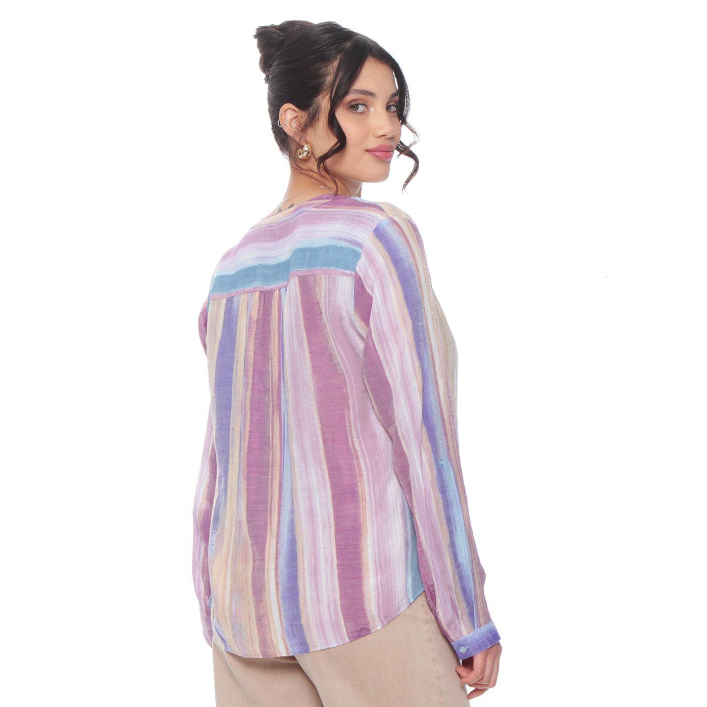 Blusa Manga Larga Listada Abotonada En  Delantero-5