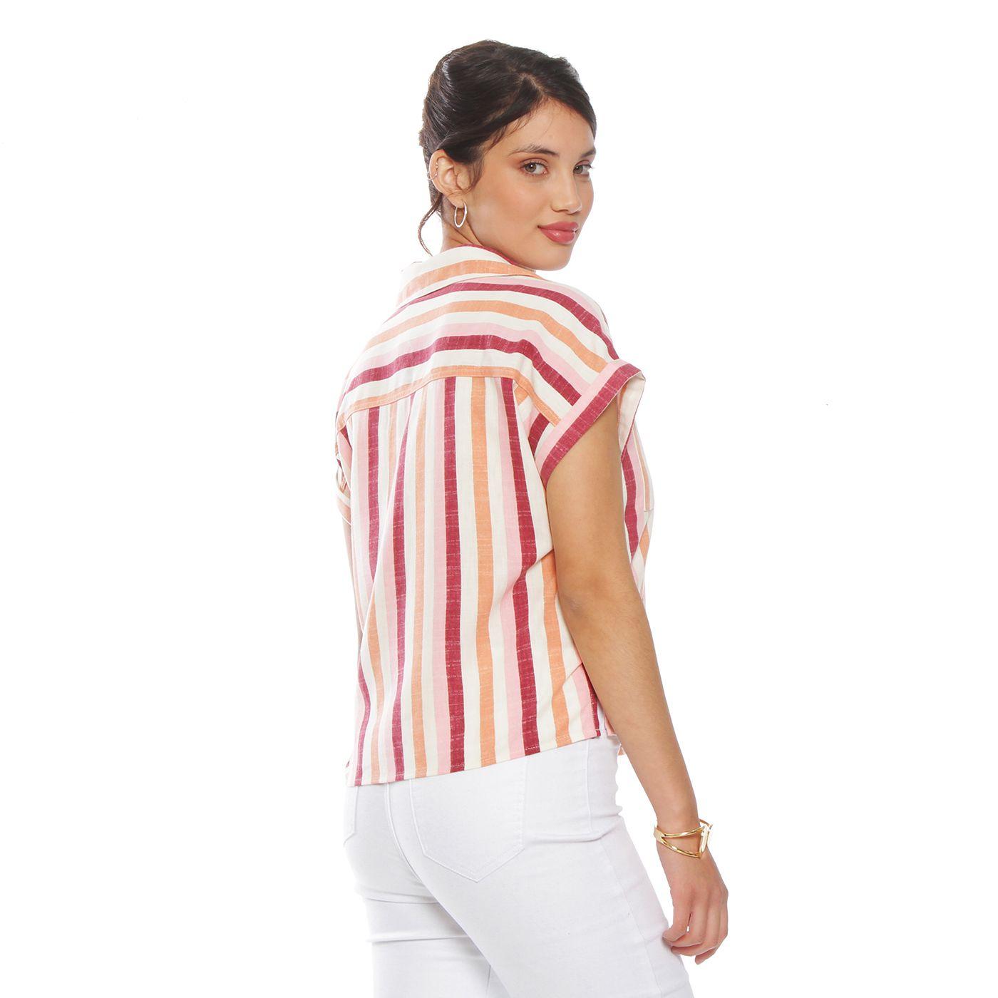 Blusa Manga Corta Listada Abotonada En Delantero  Con Bolsillo-4