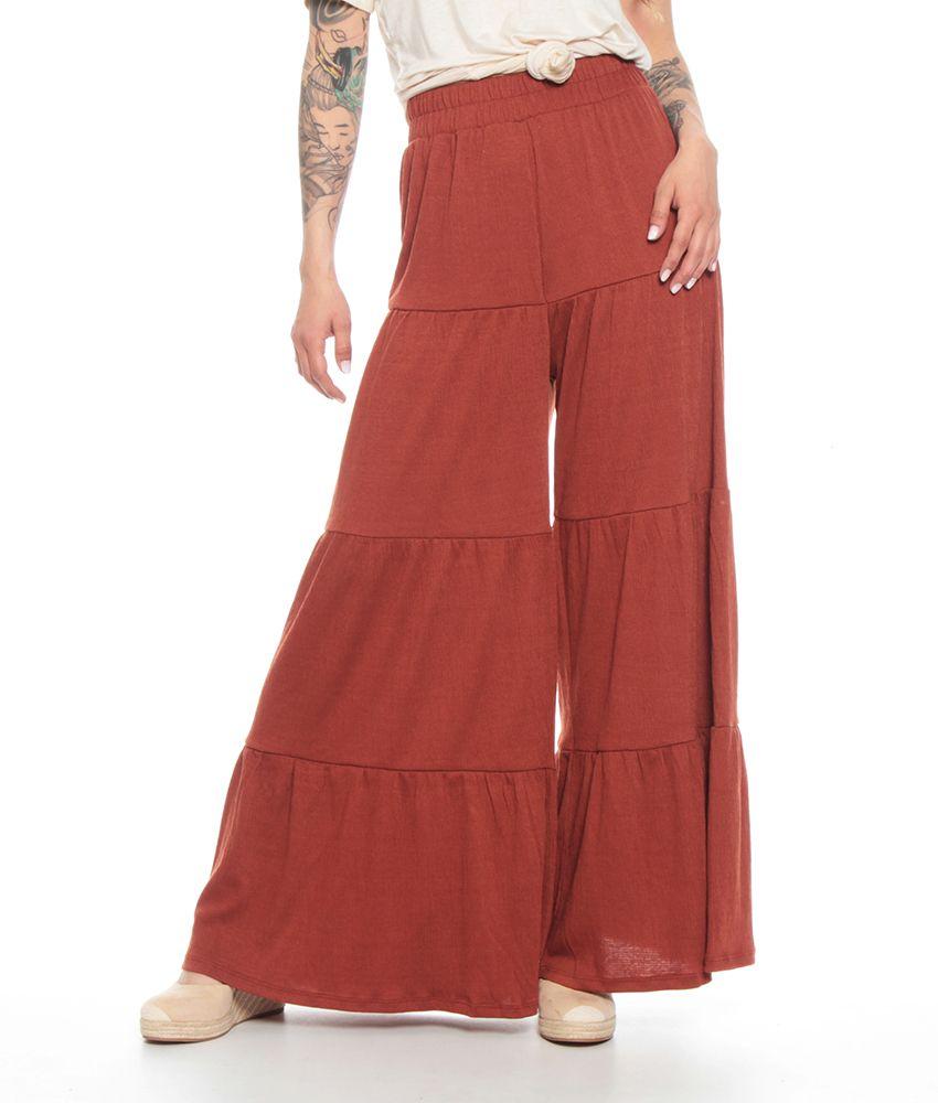 Pantalon Solido Palazzo Con Cortes Recogido Pretina Elasticada-0