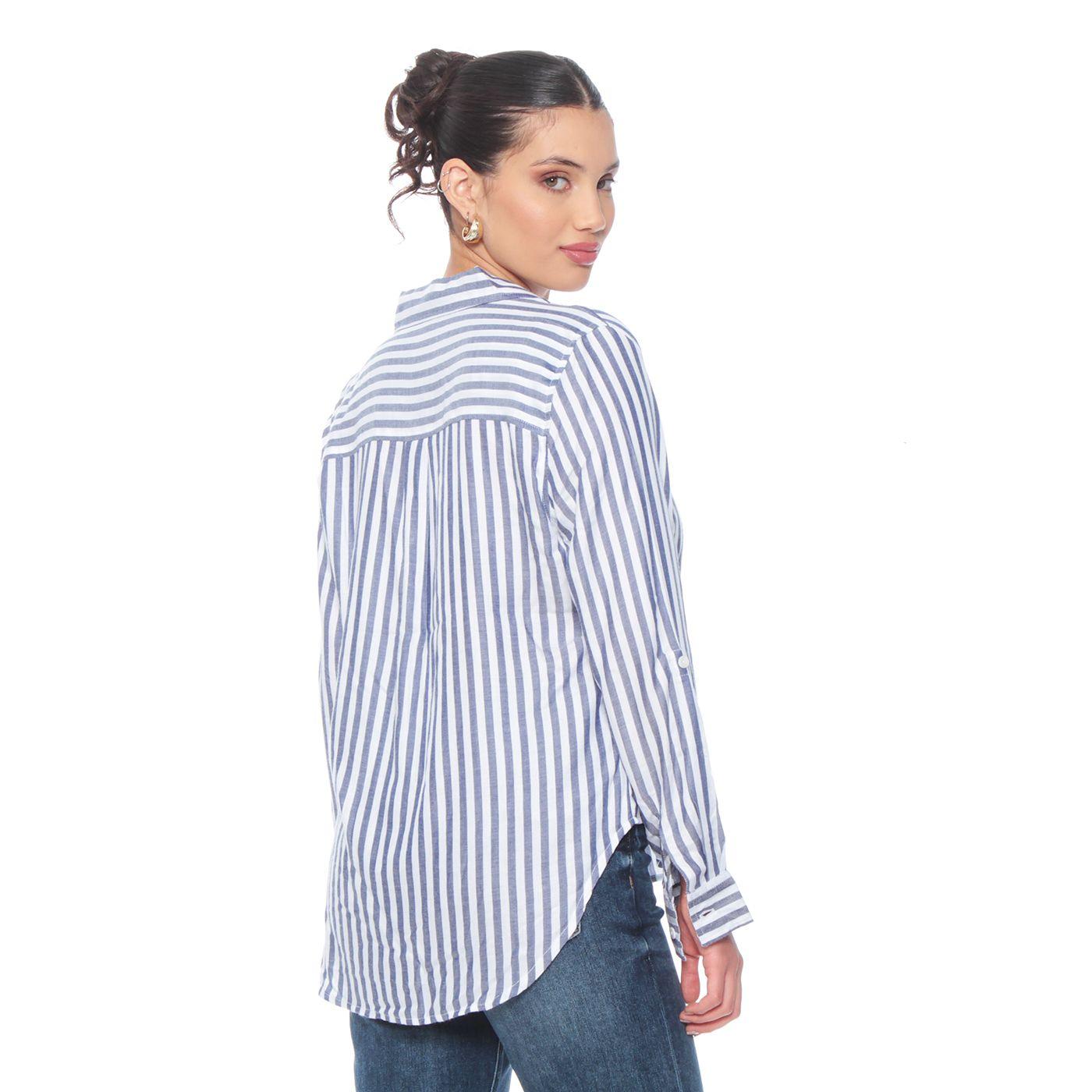 Blusa Manga Larga Listada Abotonada En El Delantero Con Bolsillo-3