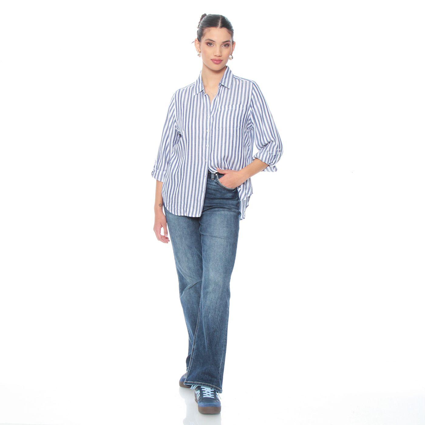 Blusa Manga Larga Listada Abotonada En El Delantero Con Bolsillo-5