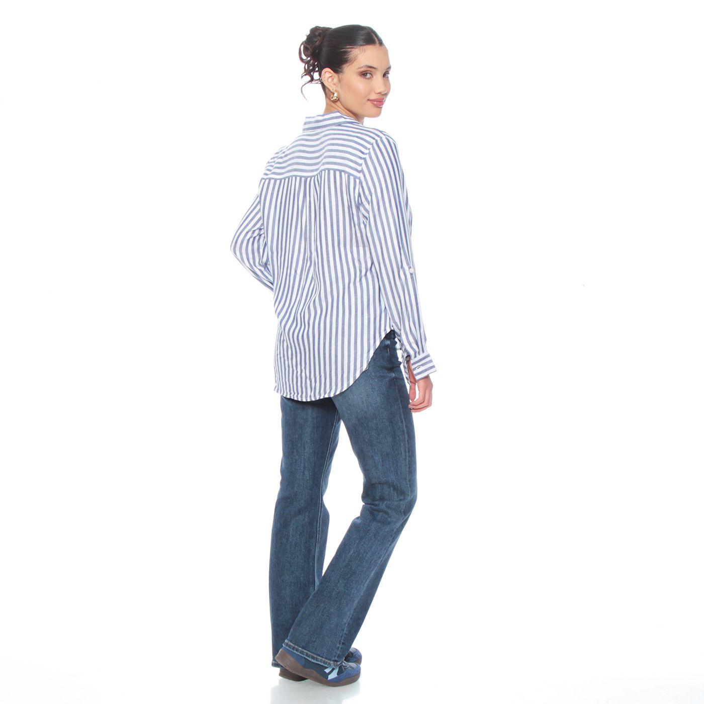 Blusa Manga Larga Listada Abotonada En El Delantero Con Bolsillo-6