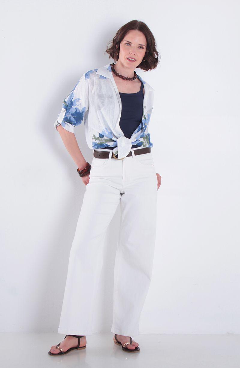 Blusa Lino Estampado Manga 3/4 Abotonada En Delantero-1