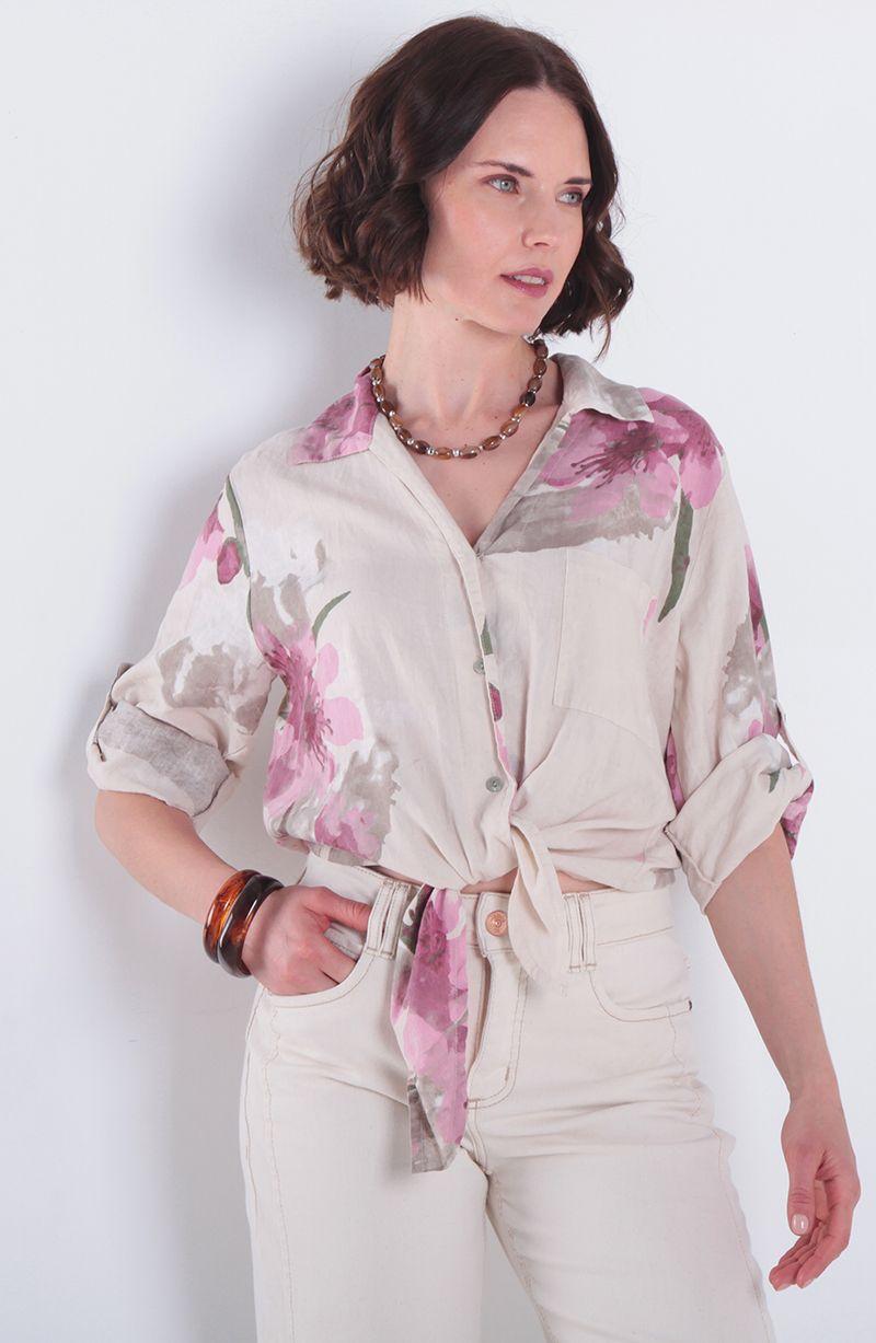 Blusa Lino Estampado Manga 3/4 Abotonada En Delantero-0