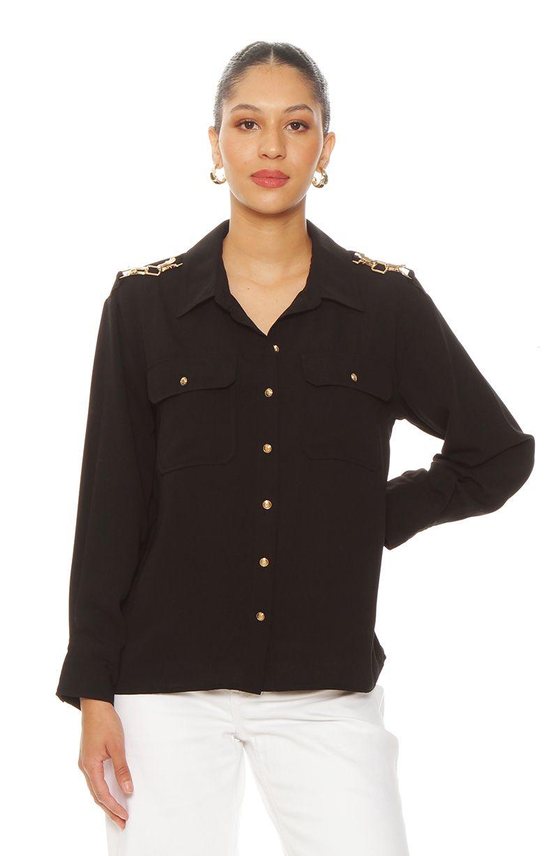 Blusa Manga Larga Abotonada En Delantero Con  Bolsillo-0