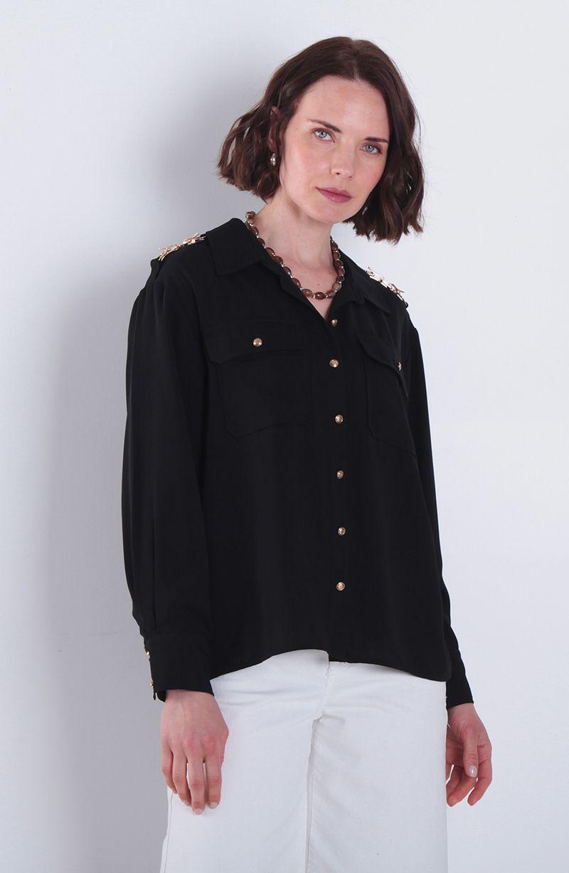 Blusa Manga Larga Abotonada En Delantero Con  Bolsillo-0