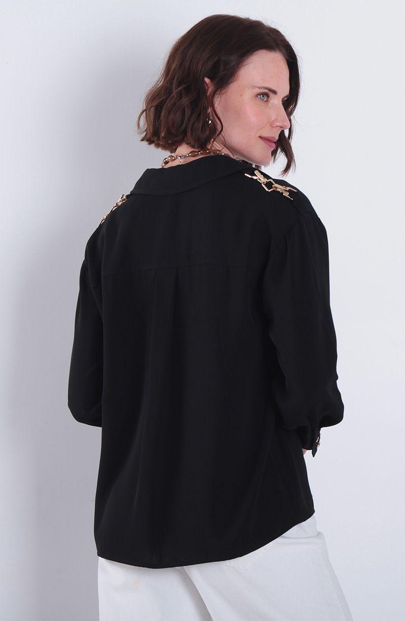 Blusa Manga Larga Abotonada En Delantero Con  Bolsillo-4