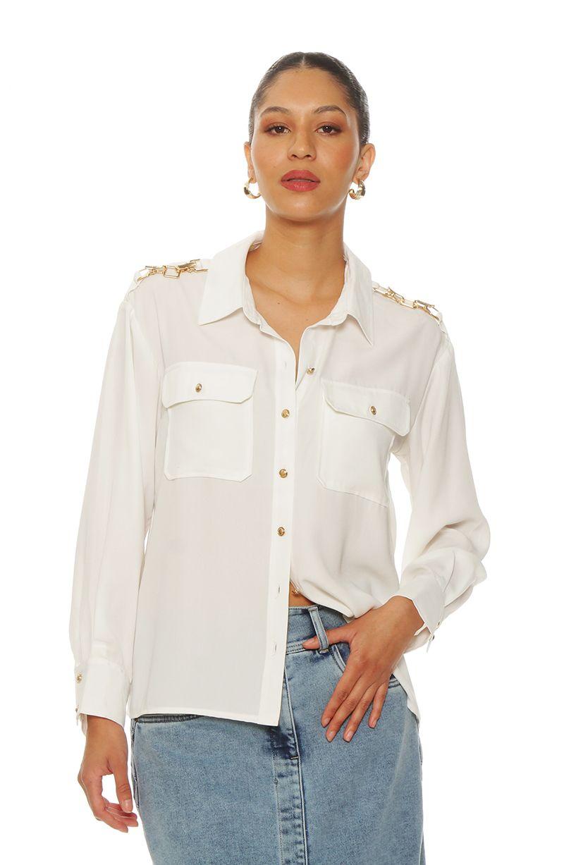 Blusa Manga Larga Abotonada En Delantero Con  Bolsillo-0