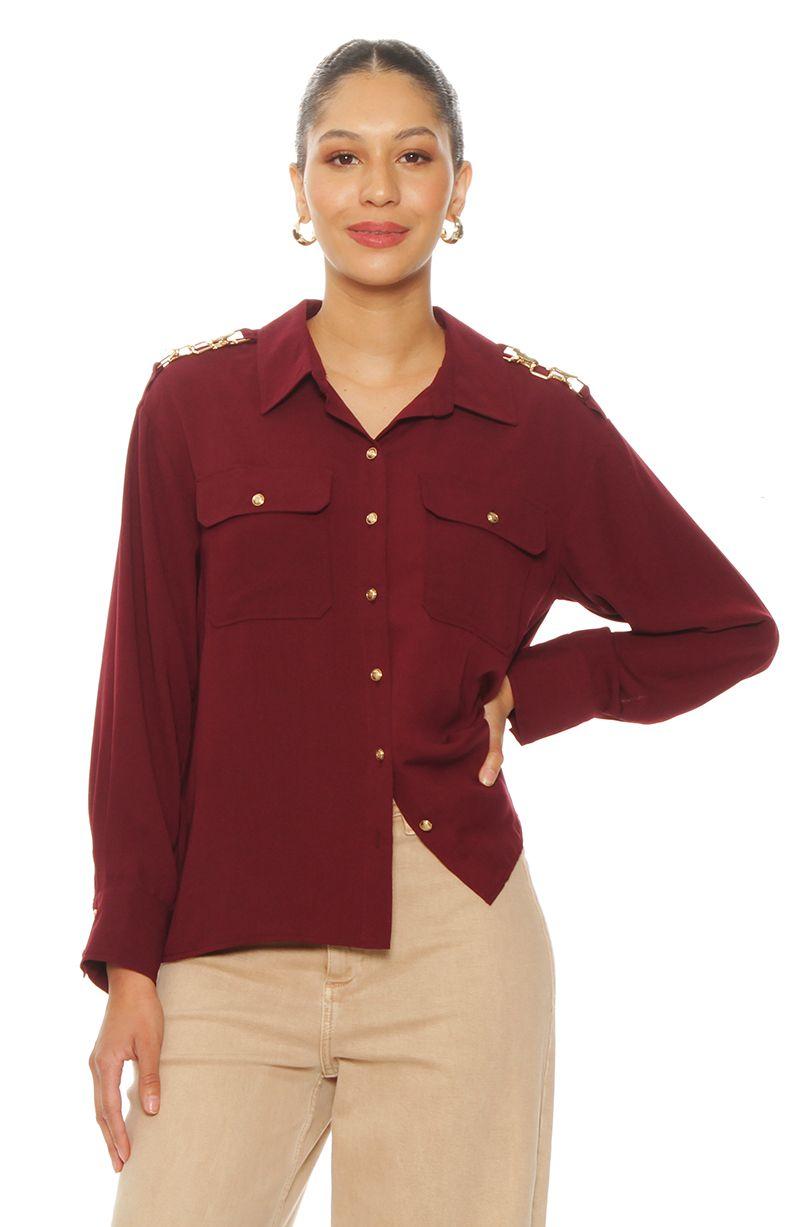 Blusa Manga Larga Abotonada En Delantero Con  Bolsillo-0