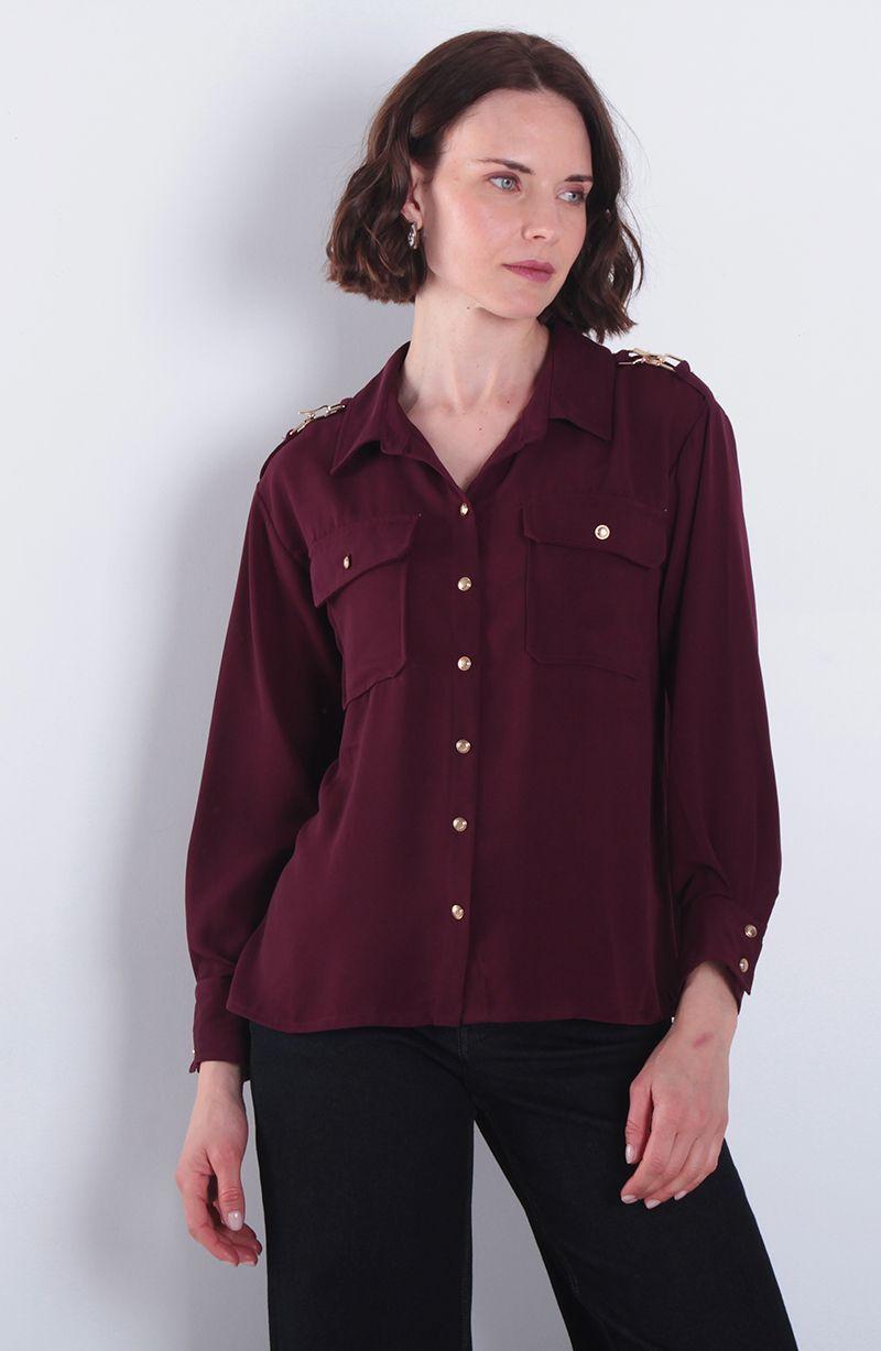 Blusa Manga Larga Abotonada En Delantero Con  Bolsillo-0