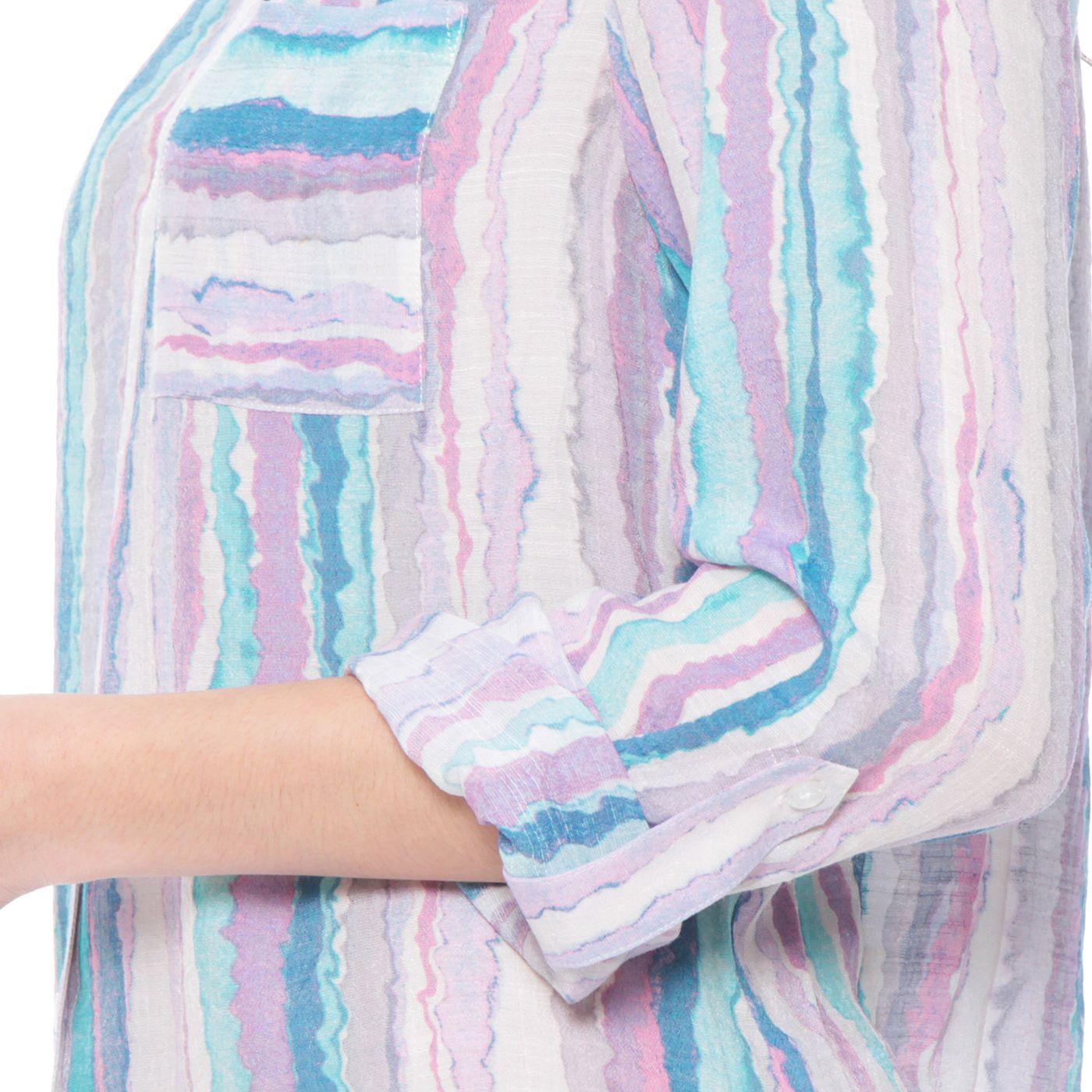 Blusa Listada Manga Larga  Cintura Anudada Cuello Mao-2