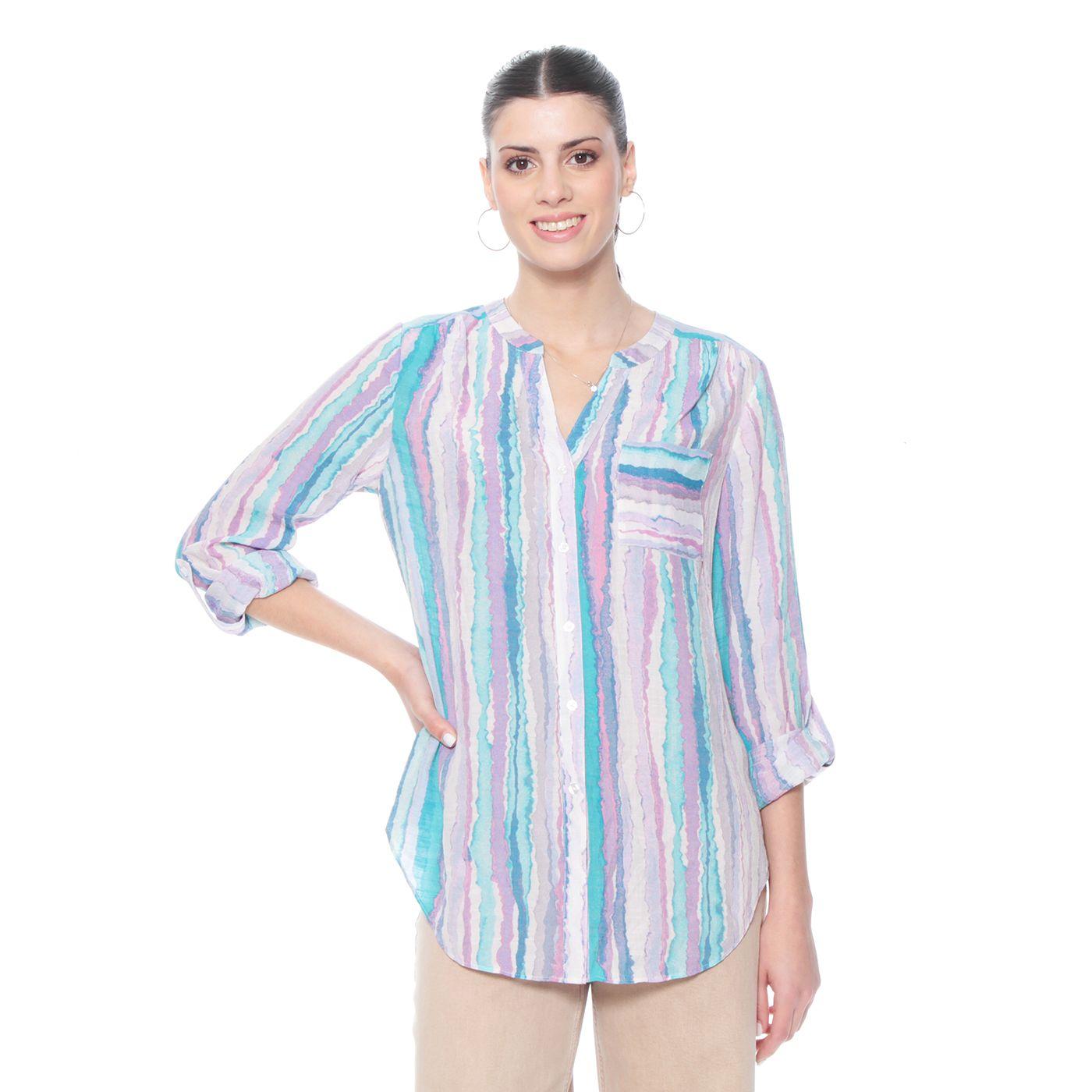 Blusa Listada Manga Larga  Cintura Anudada Cuello Mao-3