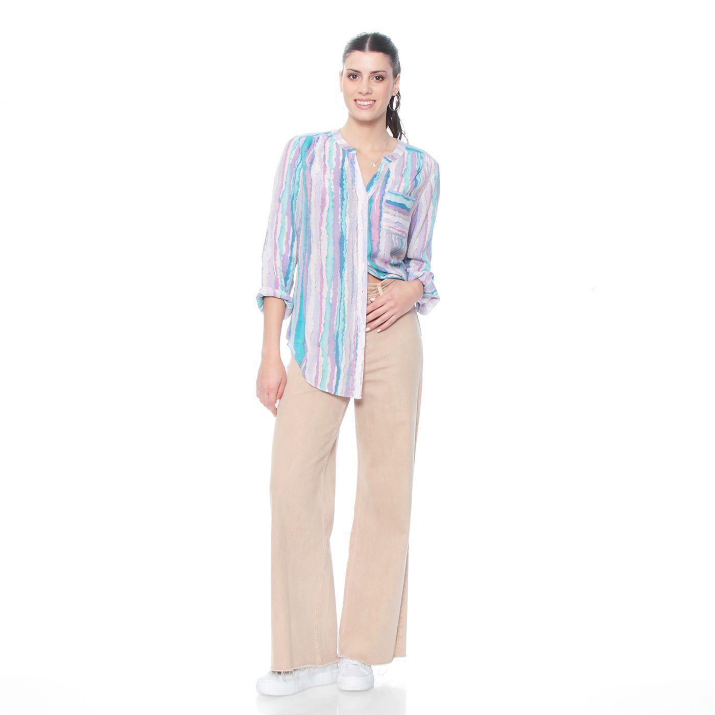 Blusa Listada Manga Larga  Cintura Anudada Cuello Mao-4