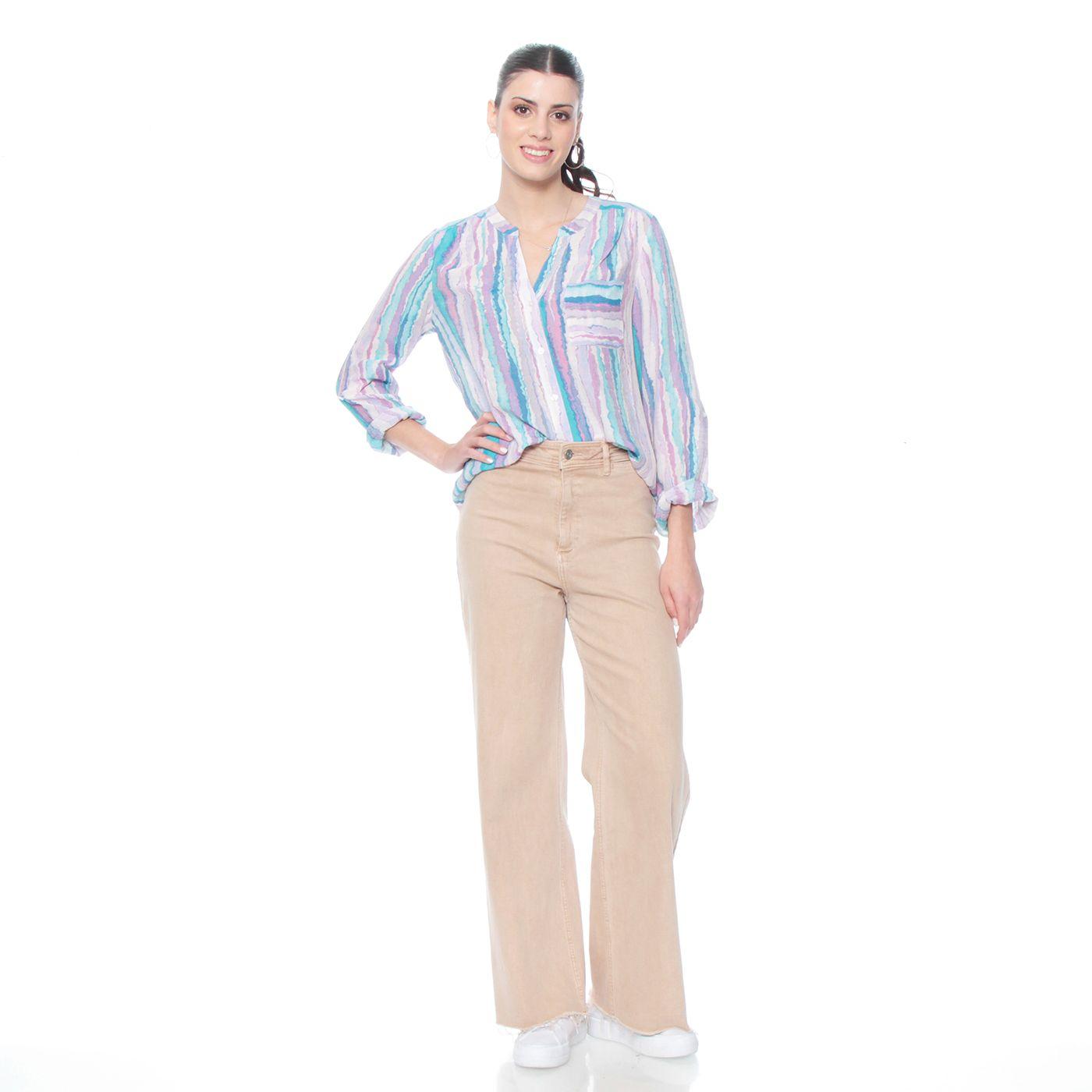 Blusa Listada Manga Larga  Cintura Anudada Cuello Mao-5