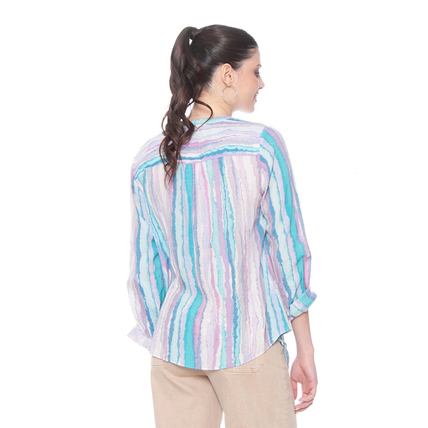 Blusa Listada Manga Larga  Cintura Anudada Cuello Mao-6