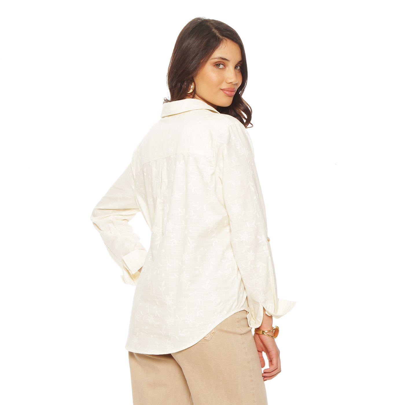 Blusa Manga  Larga Lino Bordado Abotonada En Delantero-3