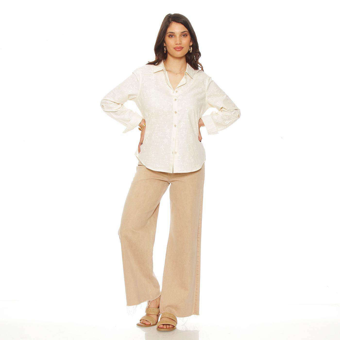 Blusa Manga  Larga Lino Bordado Abotonada En Delantero-4