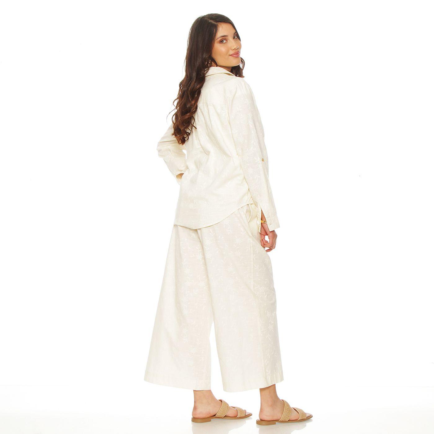 Blusa Manga  Larga Lino Bordado Abotonada En Delantero-7