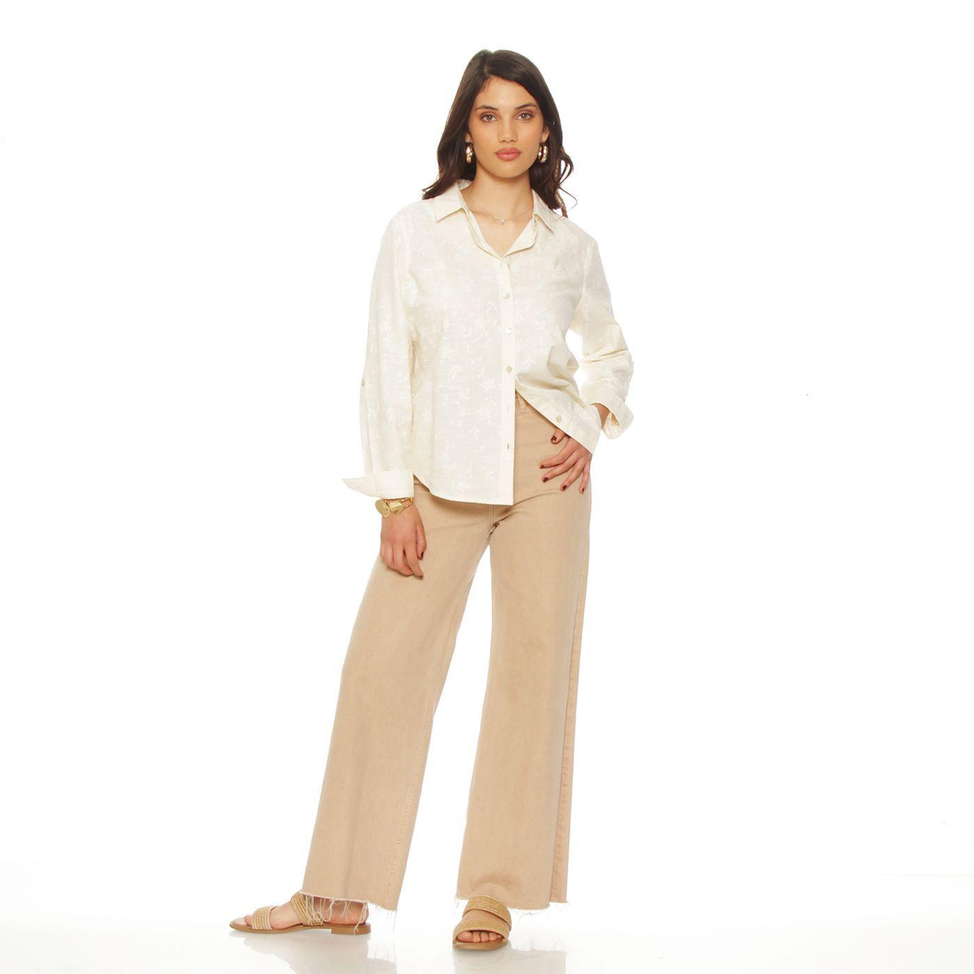 Blusa Manga  Larga Lino Bordado Abotonada En Delantero-2