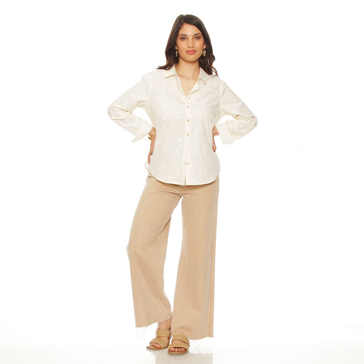 Blusa Manga  Larga Lino Bordado Abotonada En Delantero-4