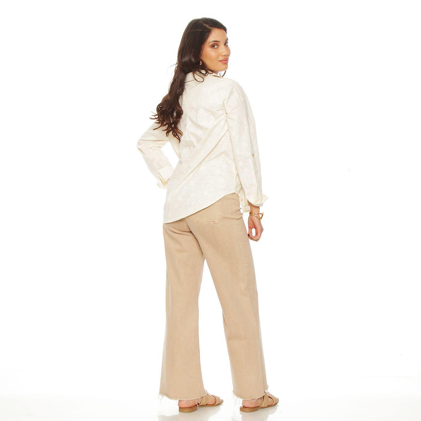 Blusa Manga  Larga Lino Bordado Abotonada En Delantero-6