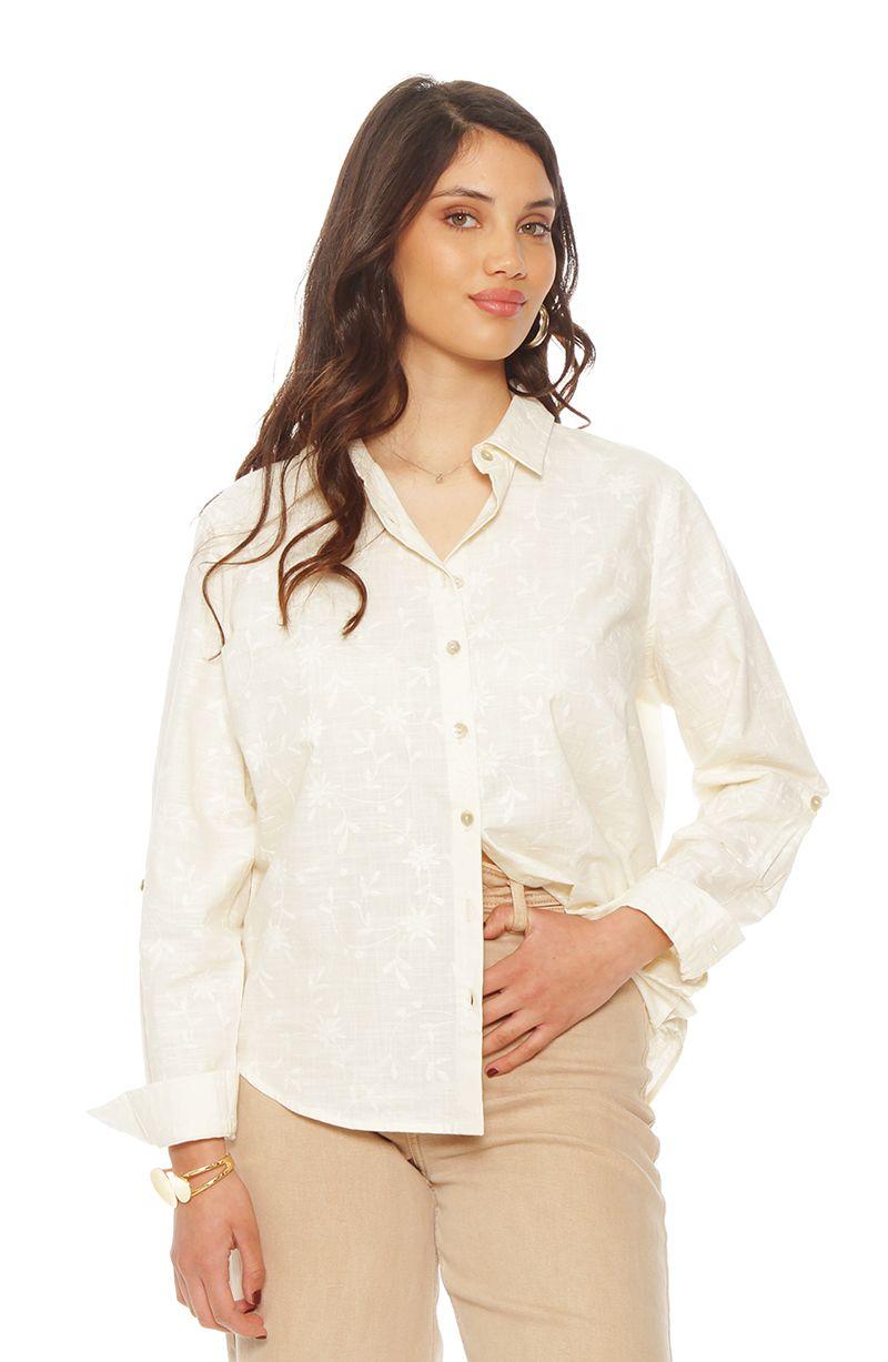 Blusa Manga  Larga Lino Bordado Abotonada En Delantero-2
