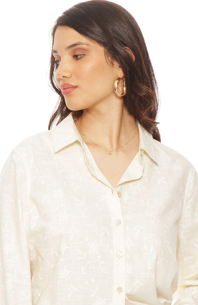 Blusa Manga  Larga Lino Bordado Abotonada En Delantero-4