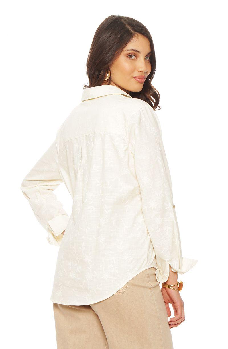 Blusa Manga  Larga Lino Bordado Abotonada En Delantero-6