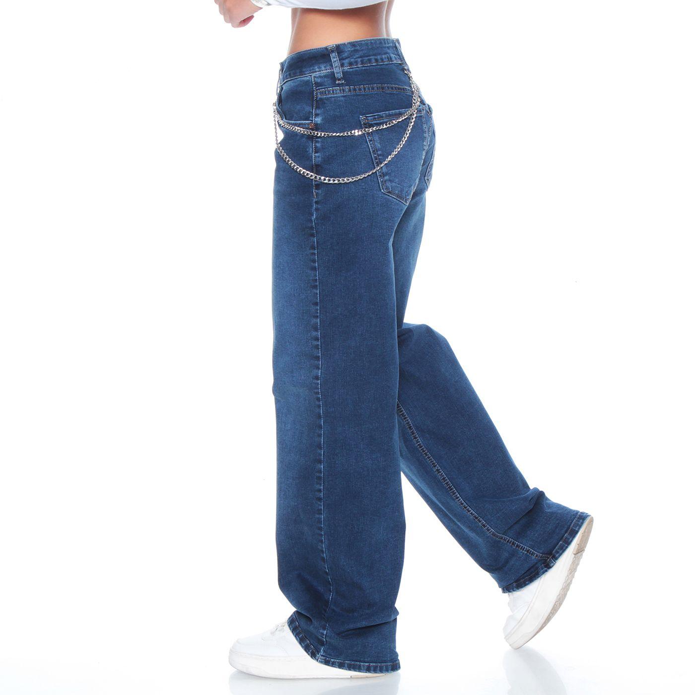 Jeans Recto Skater Tiro Alto Pretina Basica 1 Boton Aplicacion Cadena-2