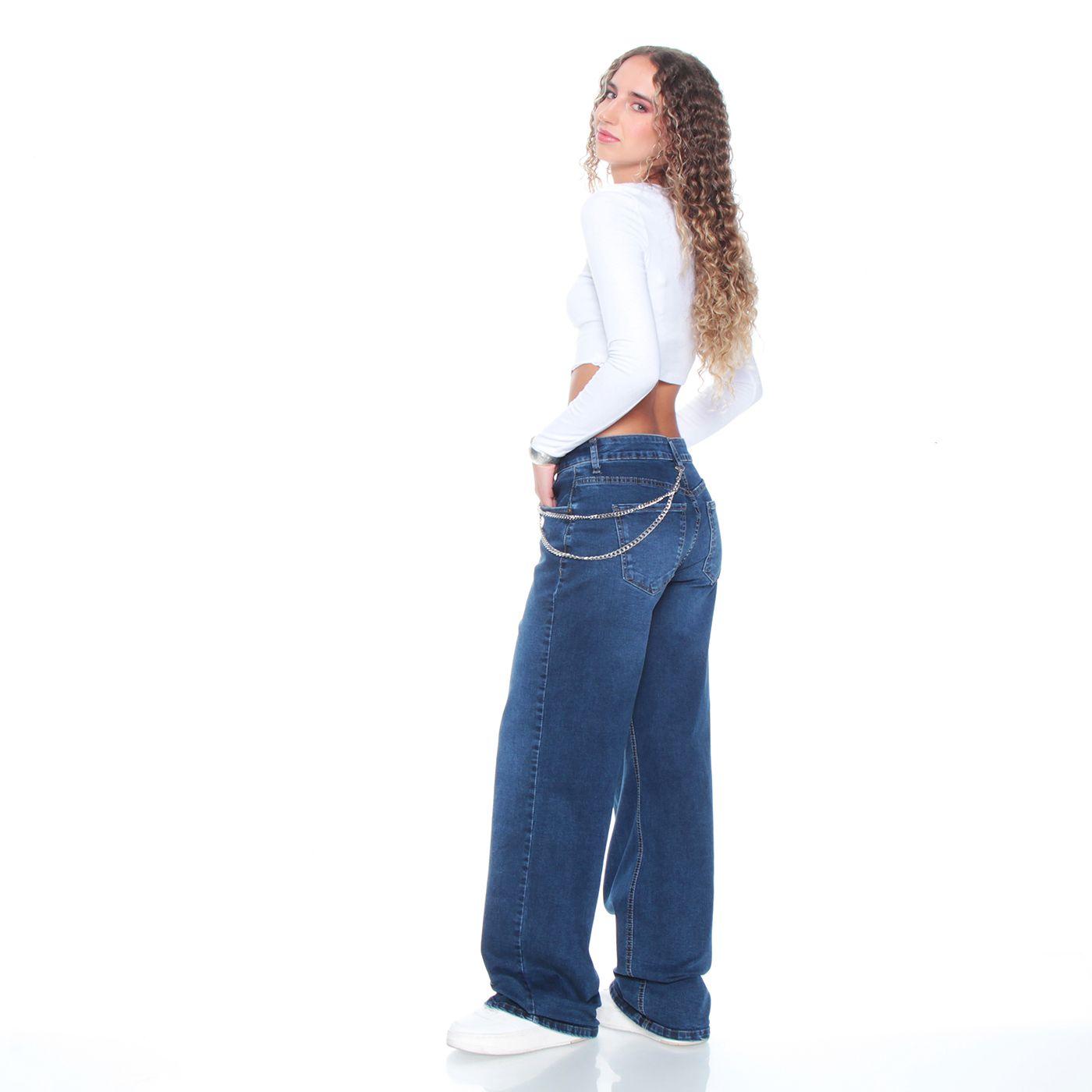 Jeans Recto Skater Tiro Alto Pretina Basica 1 Boton Aplicacion Cadena-5
