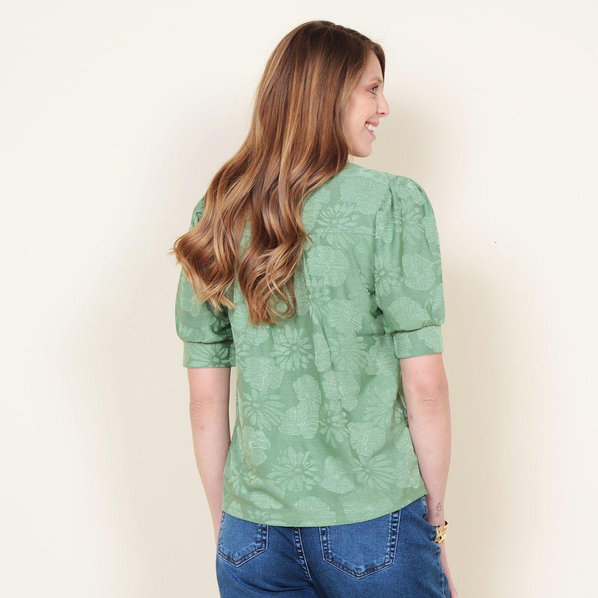 Blusa Manga Corta Solida Abotonada En Delantero Escote V-5