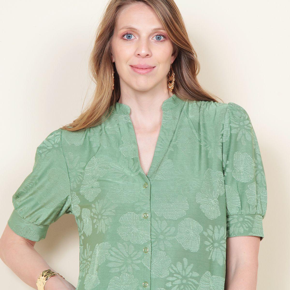 Blusa Manga Corta Solida Abotonada En Delantero Escote V-6