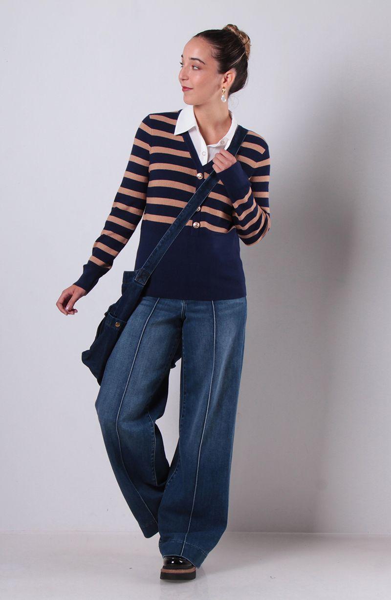 Sweater Listado Con Blusa Manga Larga Abotonado En Delantero-3