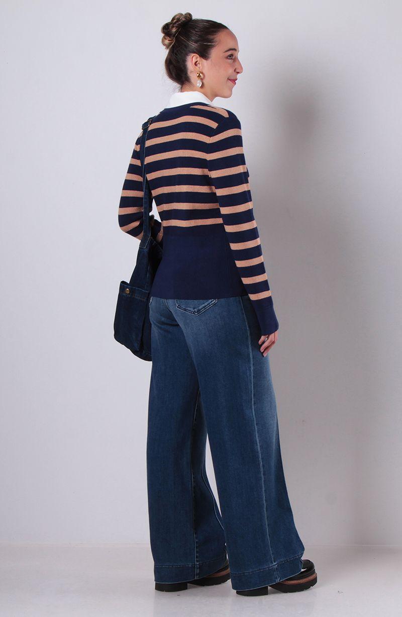 Sweater Listado Con Blusa Manga Larga Abotonado En Delantero-4