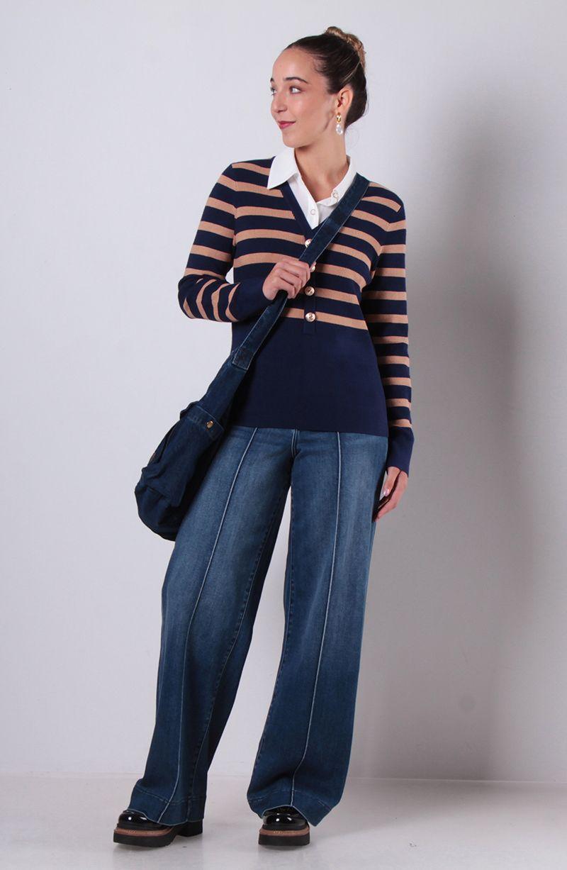 Sweater Listado Con Blusa Manga Larga Abotonado En Delantero-5